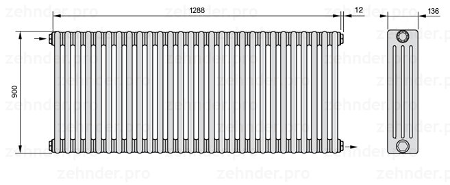 Схема (чертеж) Радиатор Zehnder Charleston 4090/28 №1670 Белый глянцевый RAL 9016